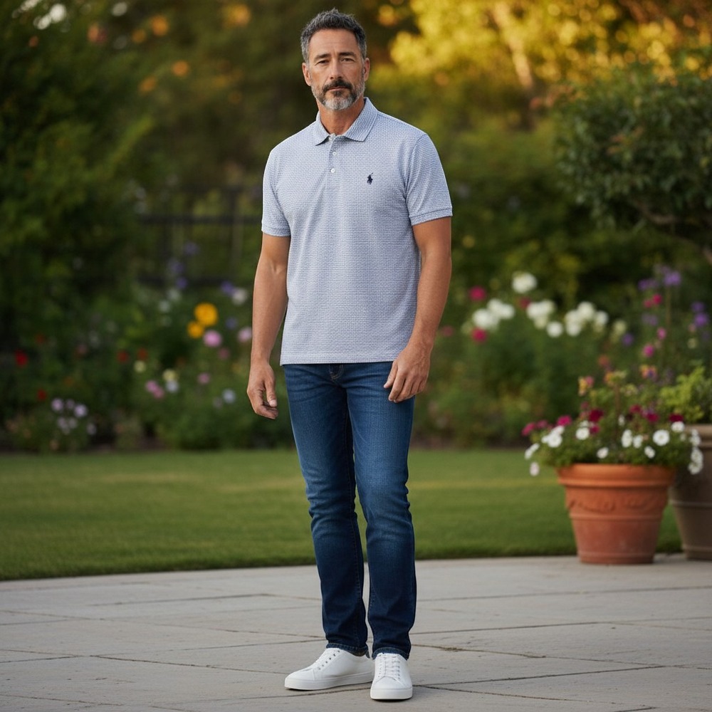 RLX Ralph Lauren Mens XXL Blue White Micro Geometric Print Golf Polo Shirt